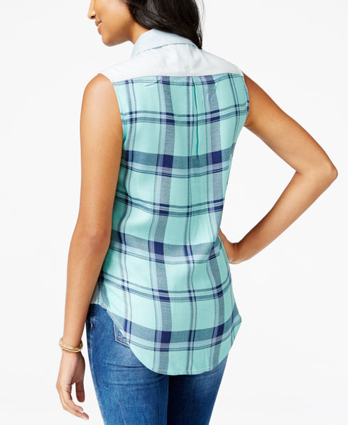 Freshman Juniors Sleeveless Button Down Shirt